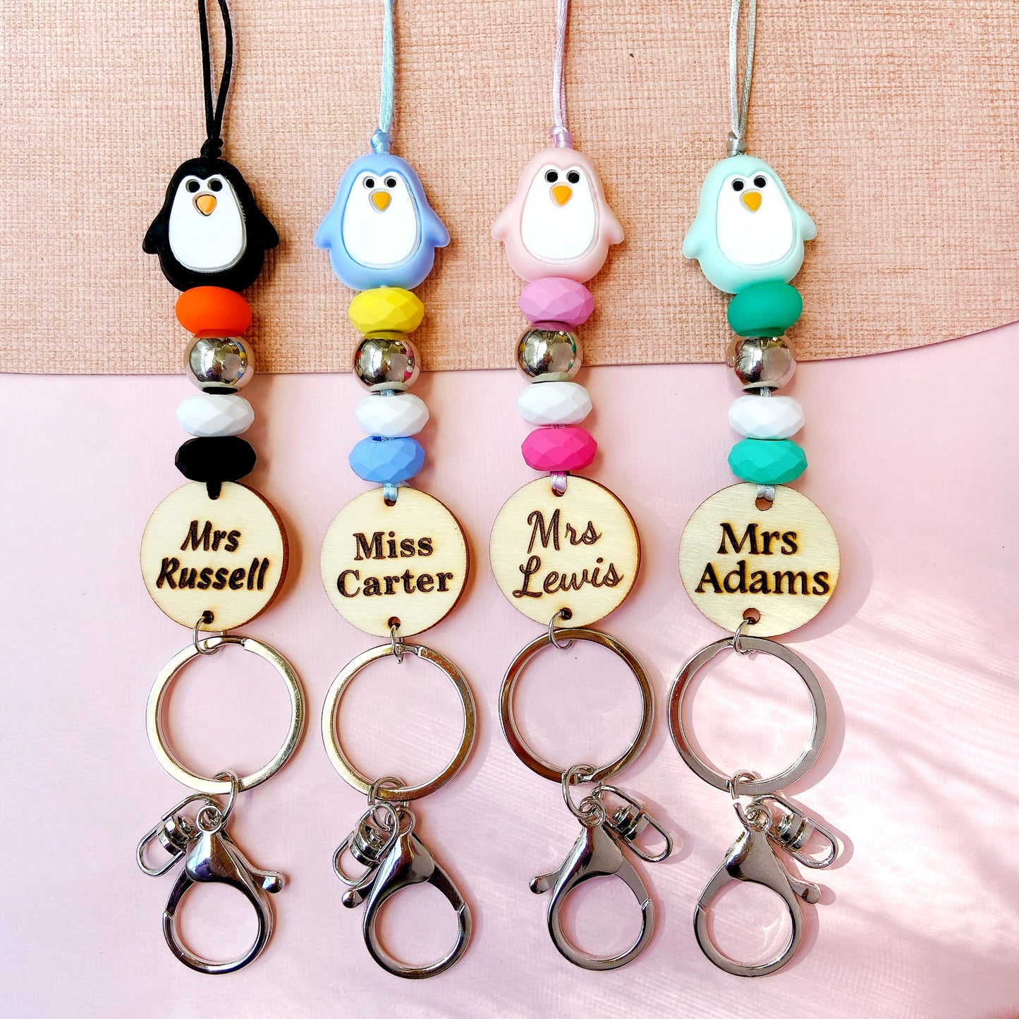 Adorable Penguin Personalized Name Teacher ID Key Lanyard