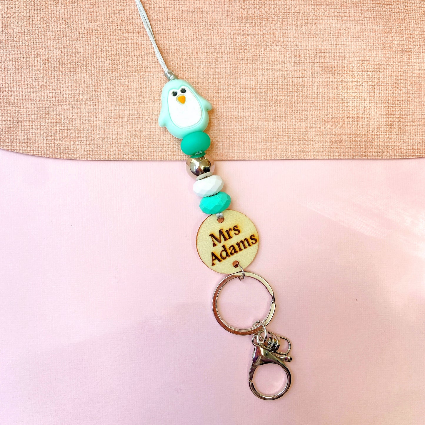 Adorable Penguin Personalized Name Teacher ID Key Lanyard