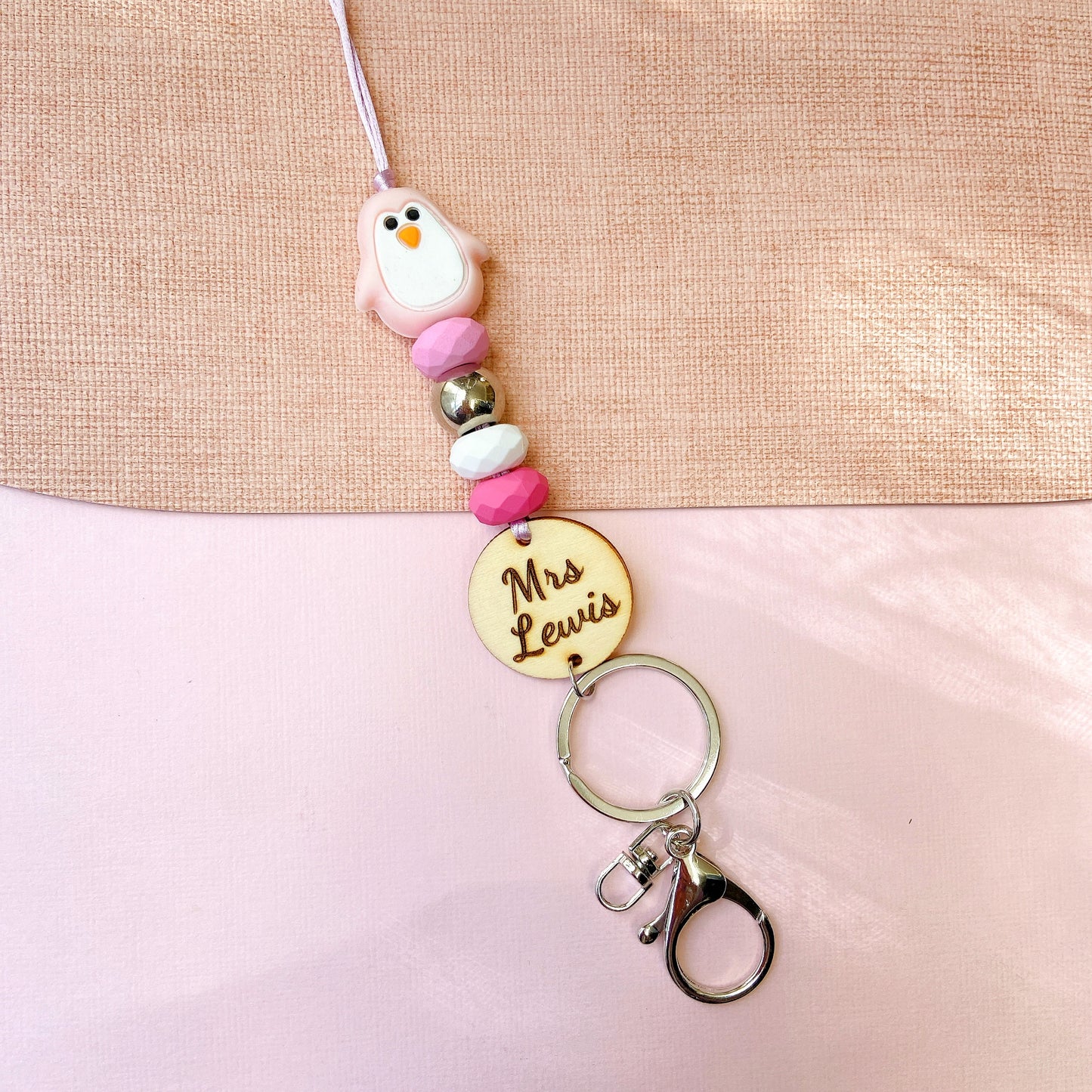 Adorable Penguin Personalized Name Teacher ID Key Lanyard