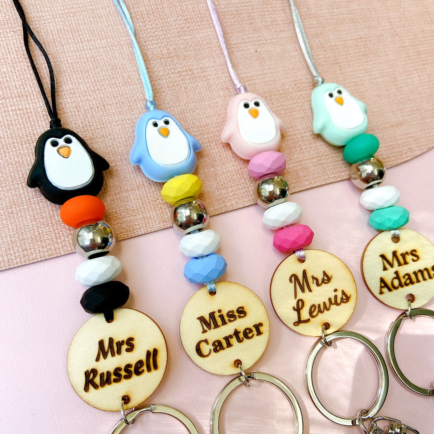Adorable Penguin Personalized Name Teacher ID Key Lanyard