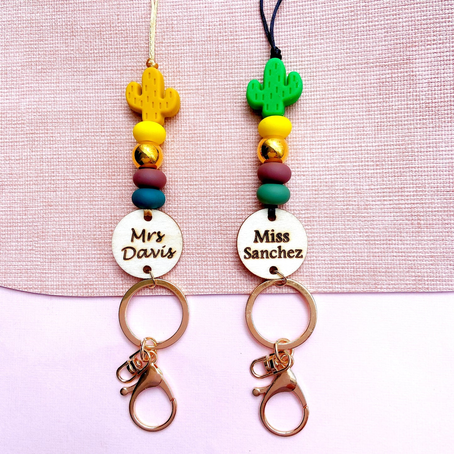 Yellow and Green Cactus Personalized Name Teacher ID Key Lanyard