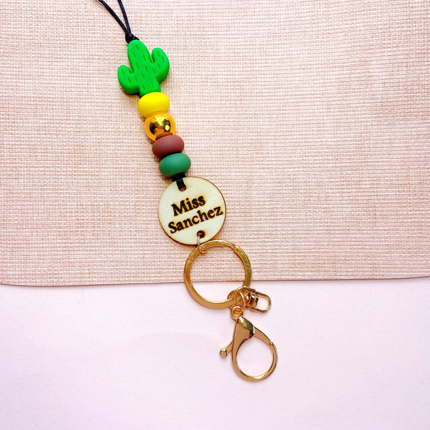 Yellow and Green Cactus Personalized Name Teacher ID Key Lanyard