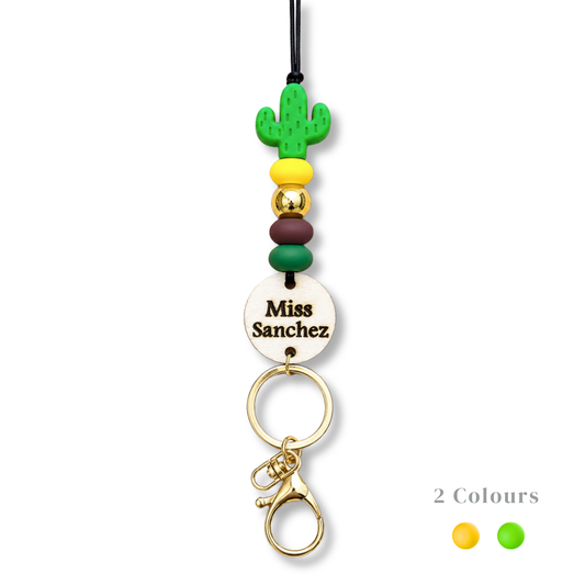 Yellow and Green Cactus Personalized Name Teacher ID Key Lanyard