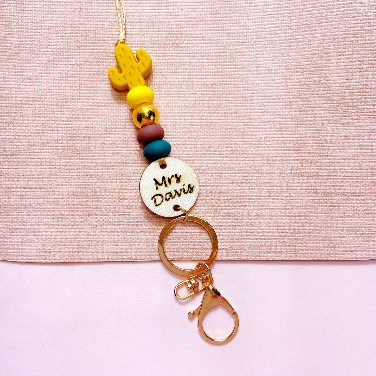 Yellow and Green Cactus Personalized Name Teacher ID Key Lanyard