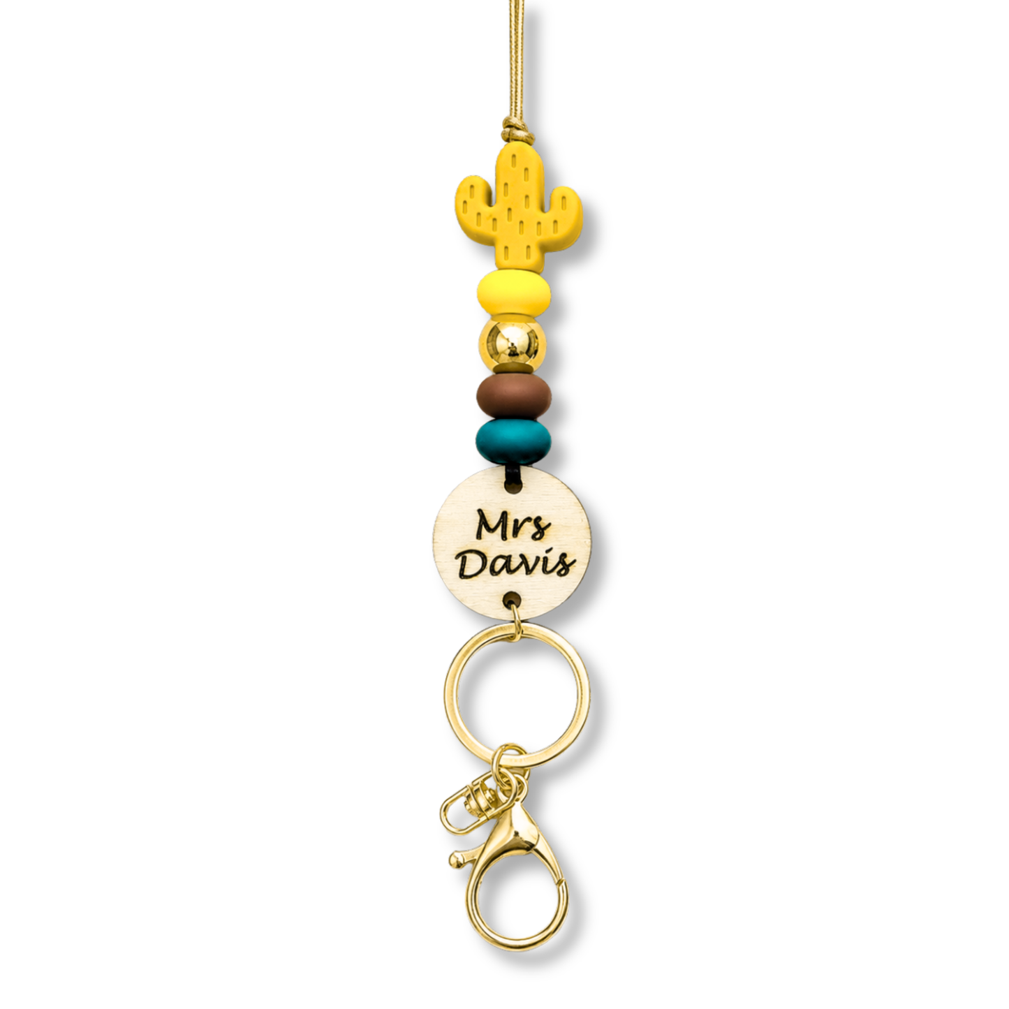 Yellow and Green Cactus Personalized Name Teacher ID Key Lanyard