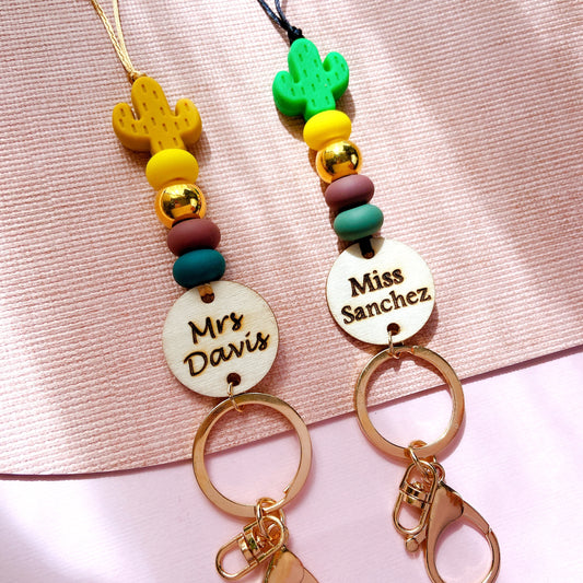 Yellow and Green Cactus Personalized Name Teacher ID Key Lanyard