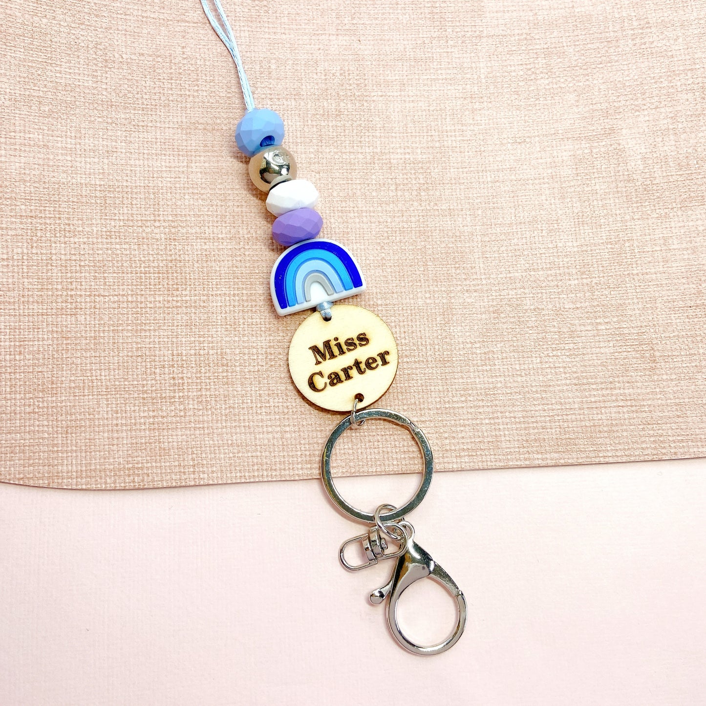 Rainbow Personalized Name Teacher ID Key Lanyard with Tassels