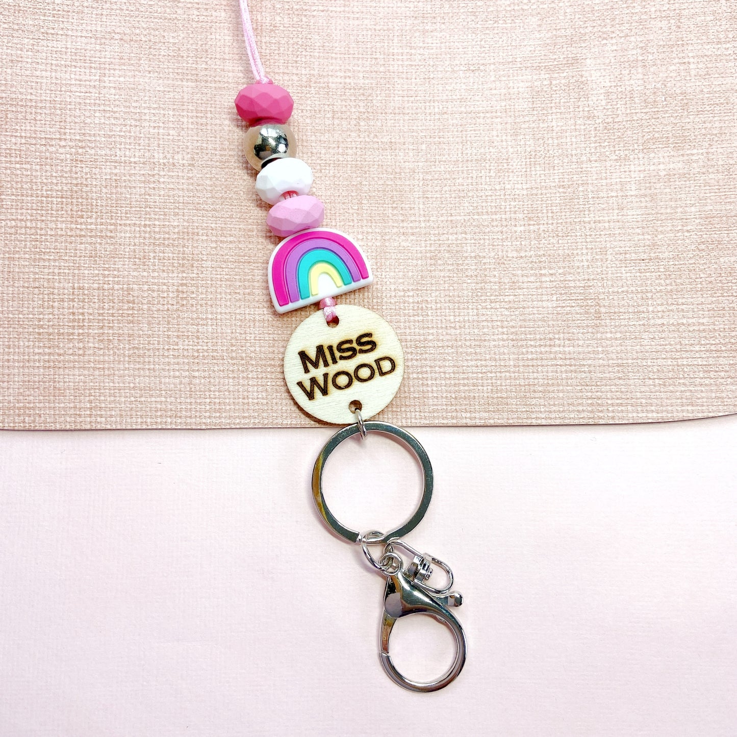 Rainbow Personalized Name Teacher ID Key Lanyard with Tassels