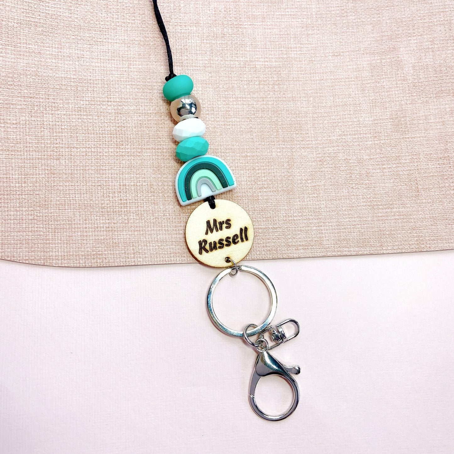 Rainbow Personalized Name Teacher ID Key Lanyard with Tassels