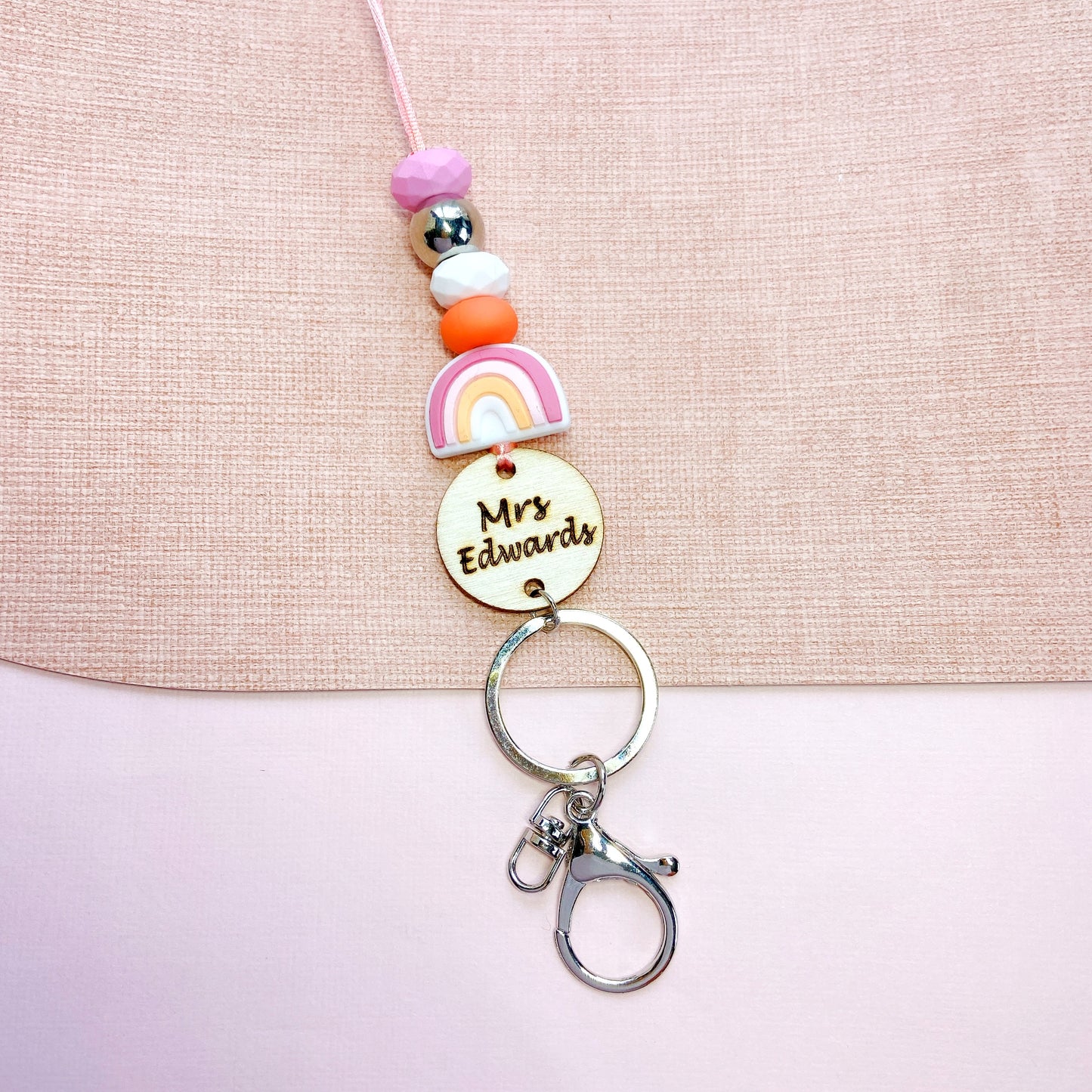 Rainbow Personalized Name Teacher ID Key Lanyard with Tassels