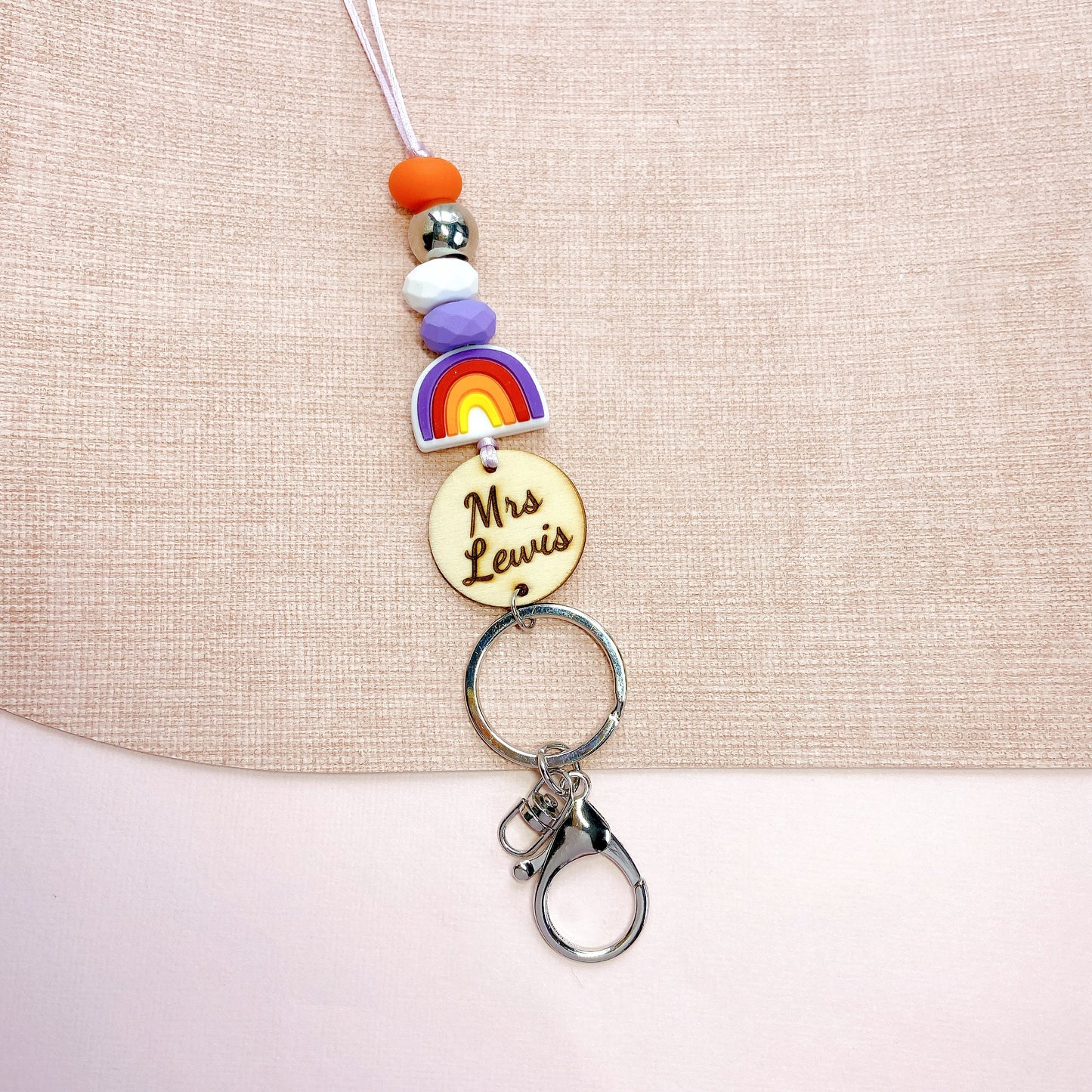 Rainbow Personalized Name Teacher ID Key Lanyard with Tassels