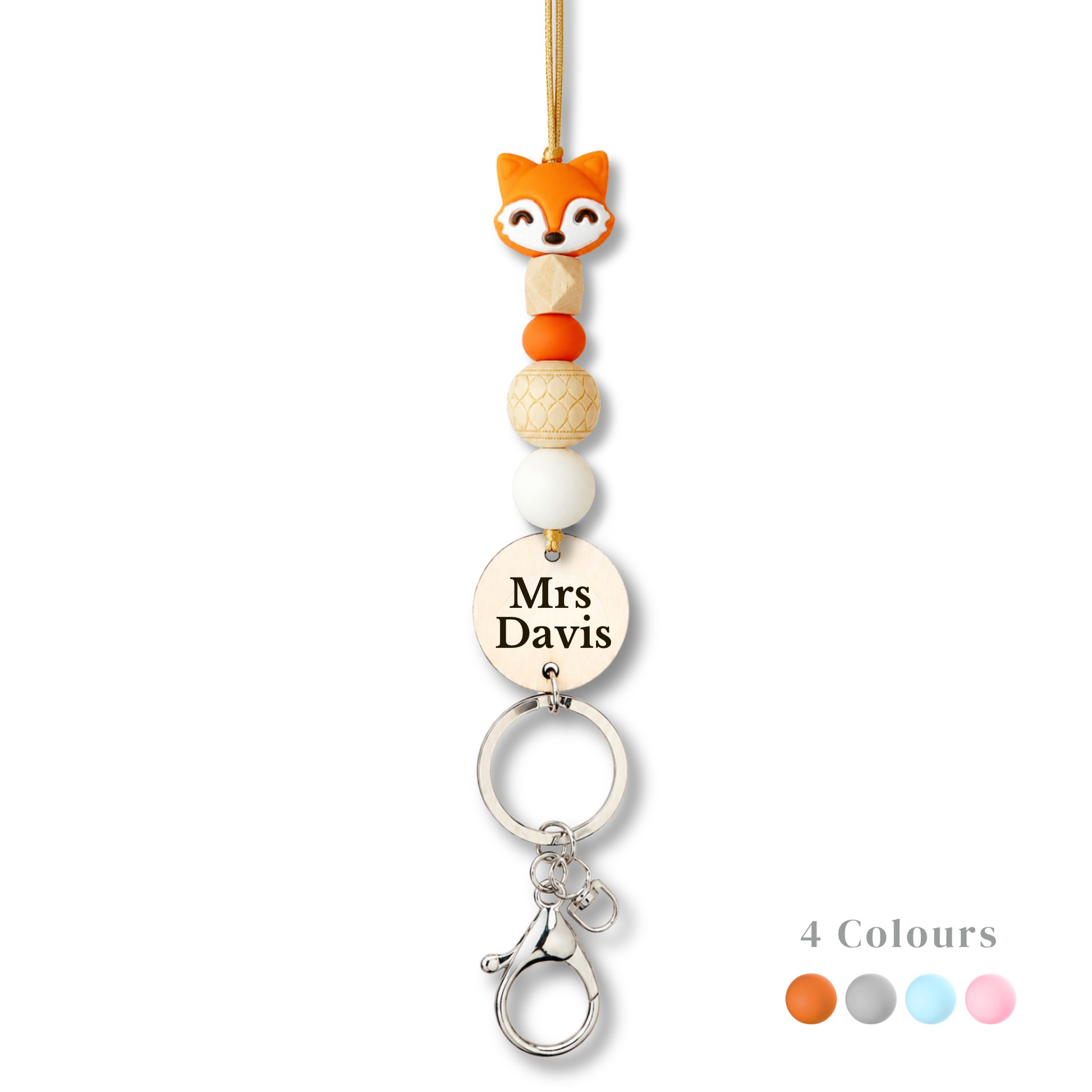 Personalized fox-charm teacher ID lanyard with engraved wooden name tag
