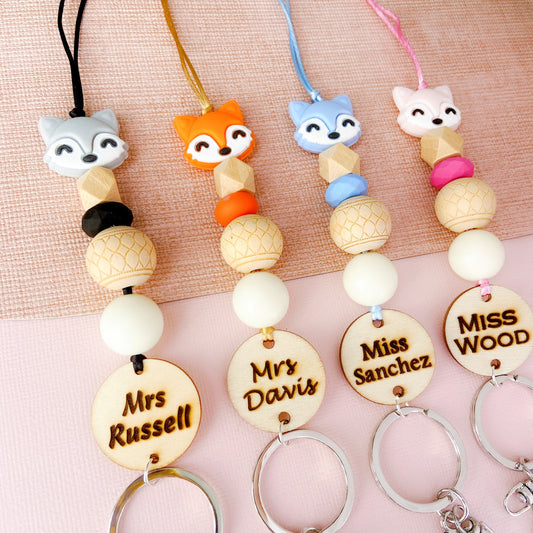 Adorable Fox Personalized Name Teacher ID Key Lanyard