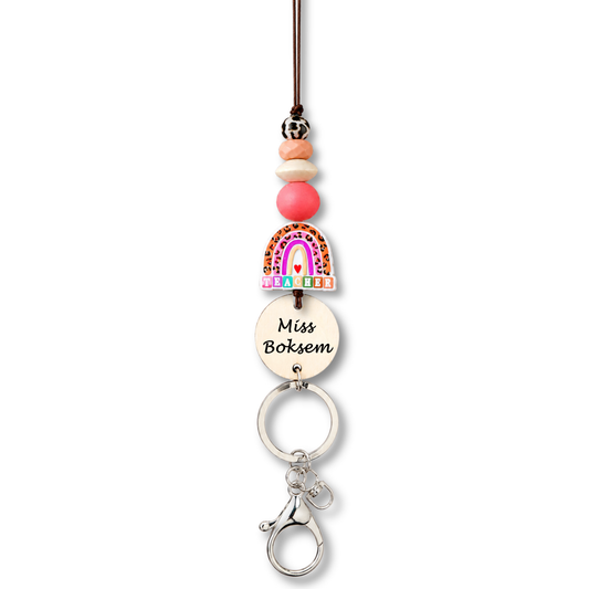 Personalized Teacher Lanyard with Rainbow Charm & Wood Name Tag