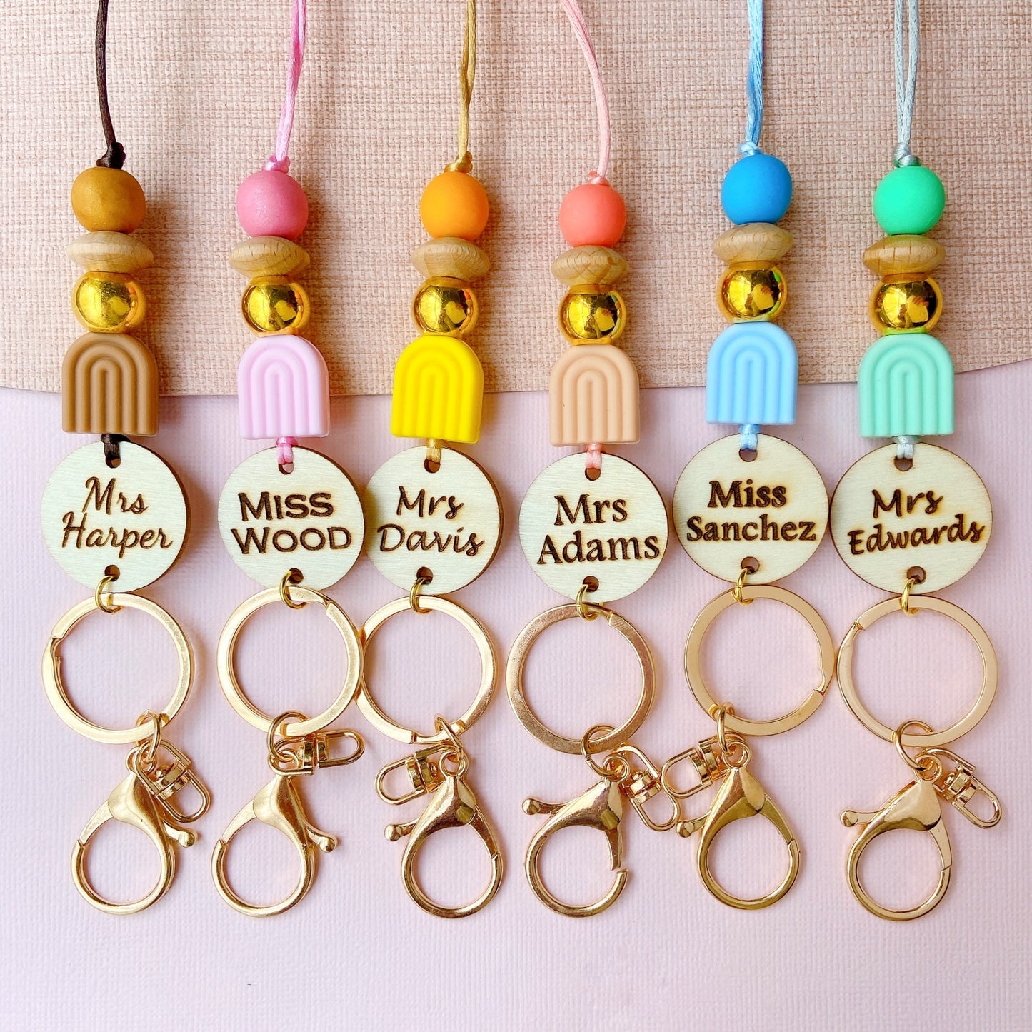 Boho Rainbow Personalized Name Teacher ID Key Lanyard