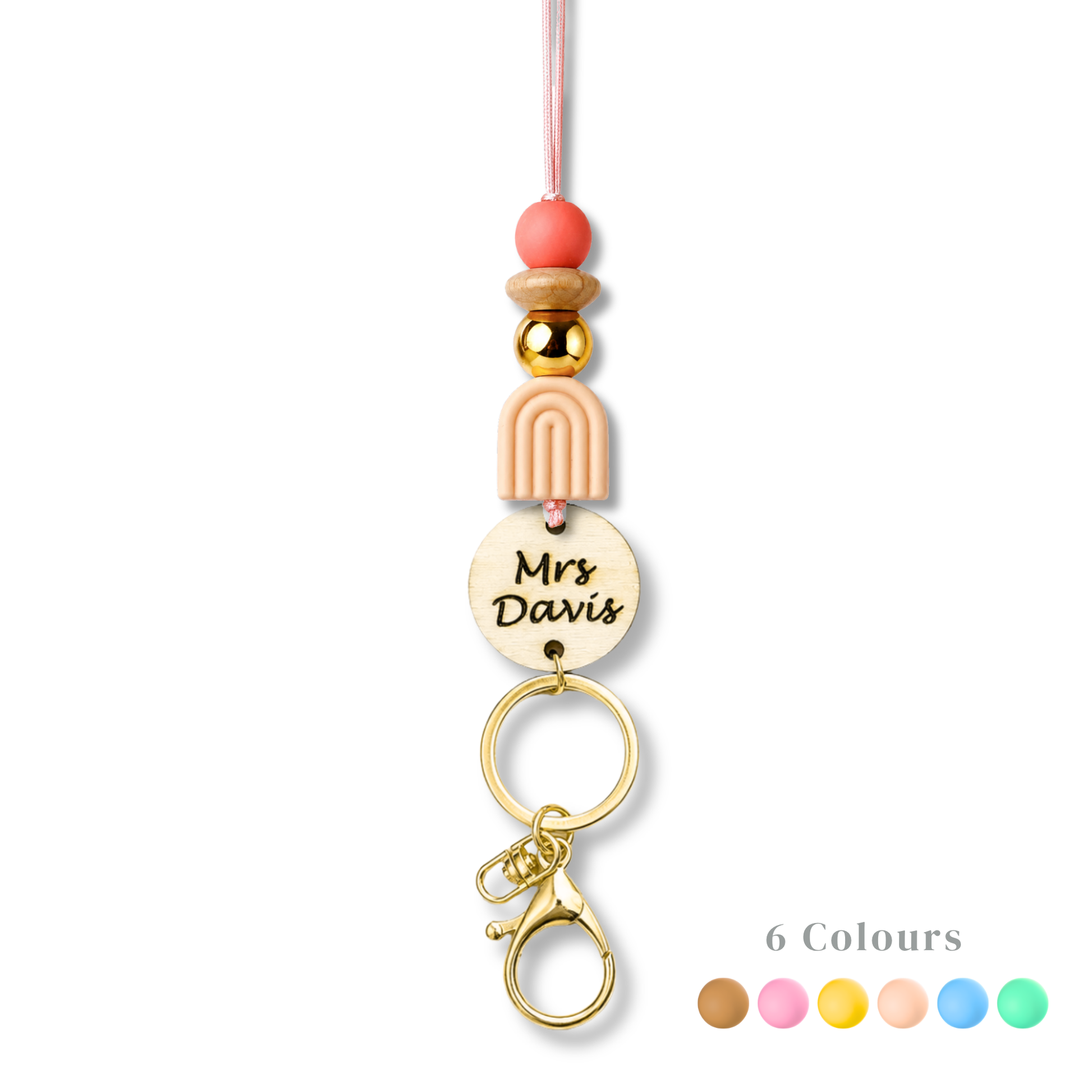 Personalized boho rainbow-charm teacher ID lanyard with engraved wooden name tag