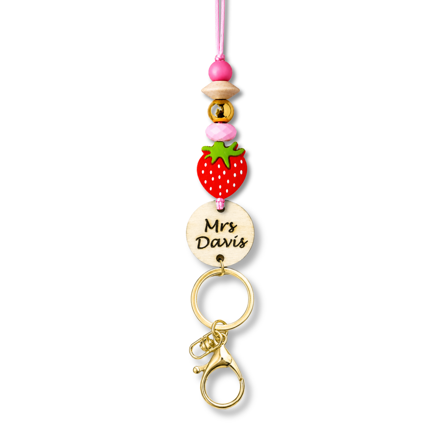Personalized strawberry-charm teacher ID lanyard with engraved wooden name tag