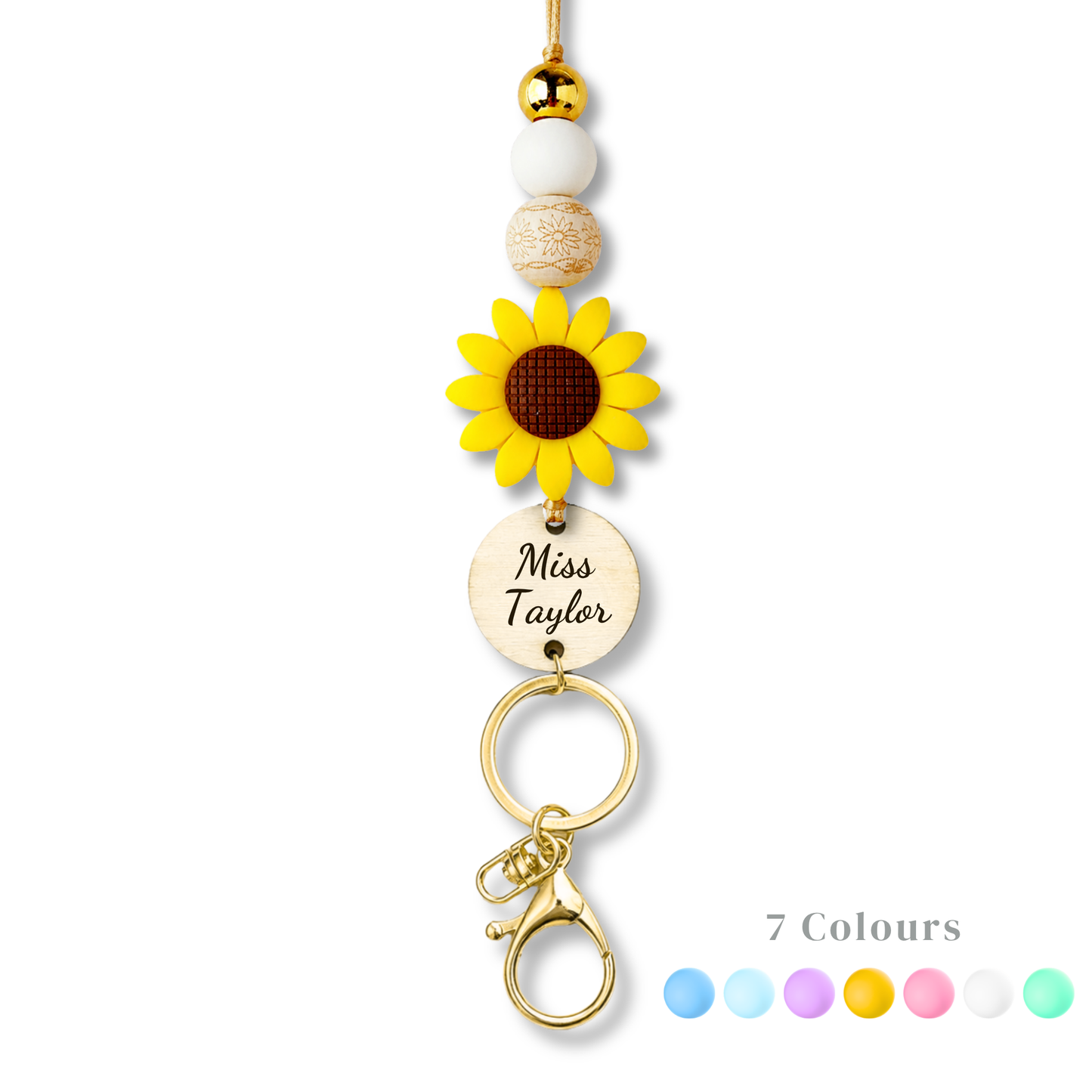 Large daisy flower teacher ID lanyard with personalized engraved wooden name tag