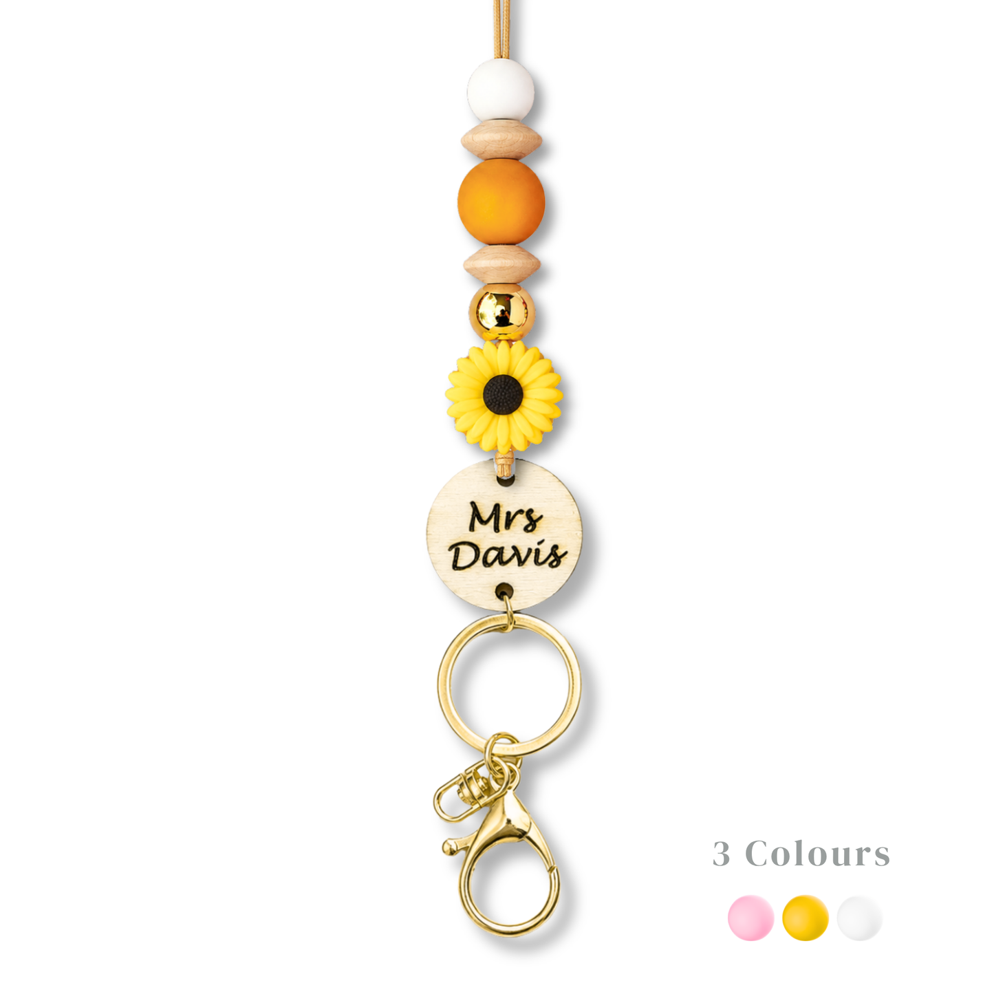 Personalized daisy and pearl clay-bead teacher lanyard with engraved wooden name tag