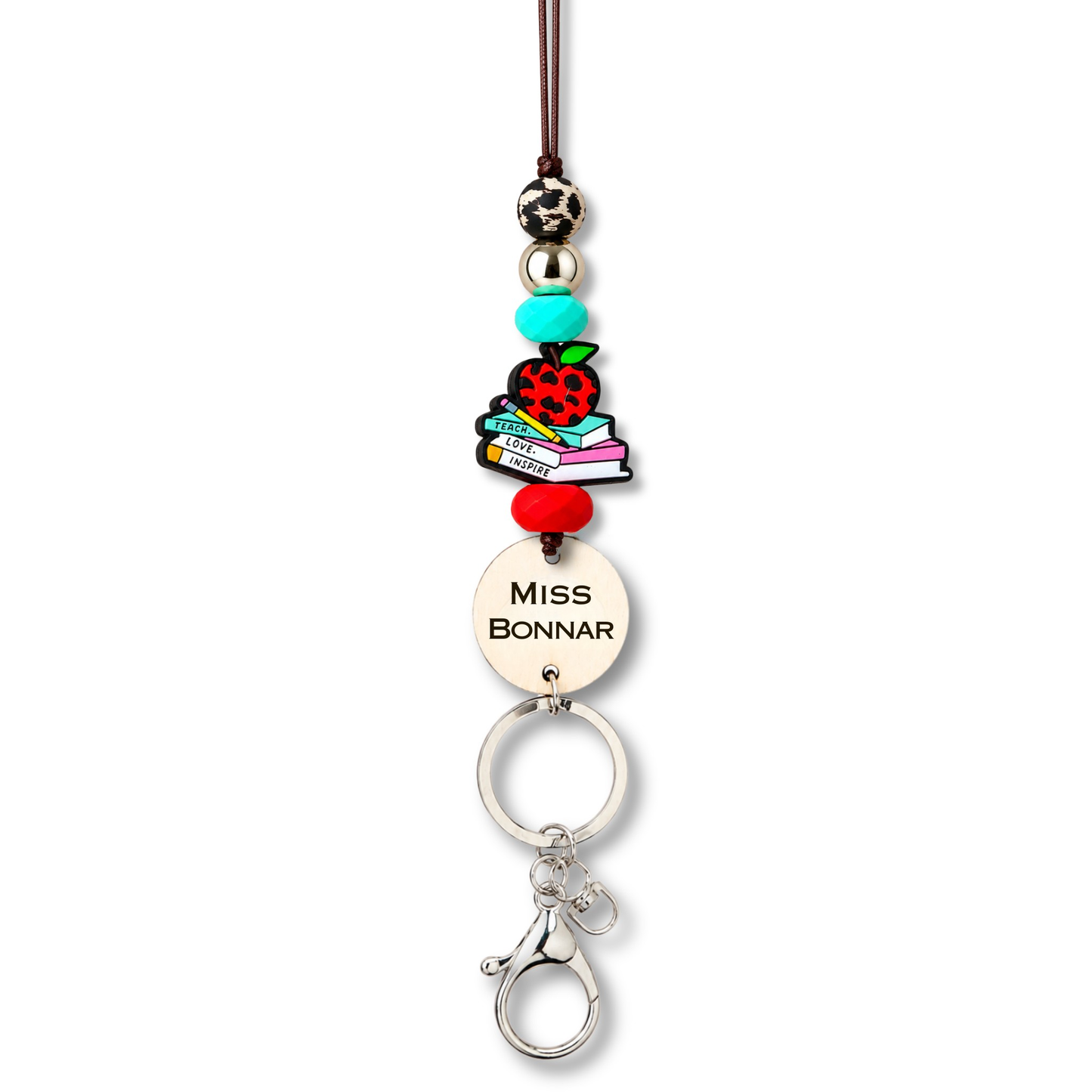 Leopard Print Apple and Book Personalized Name Teacher ID Key Teacher Lanyard