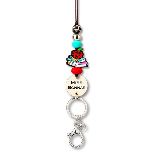 Leopard Print Apple and Book Personalized Name Teacher ID Key Teacher Lanyard