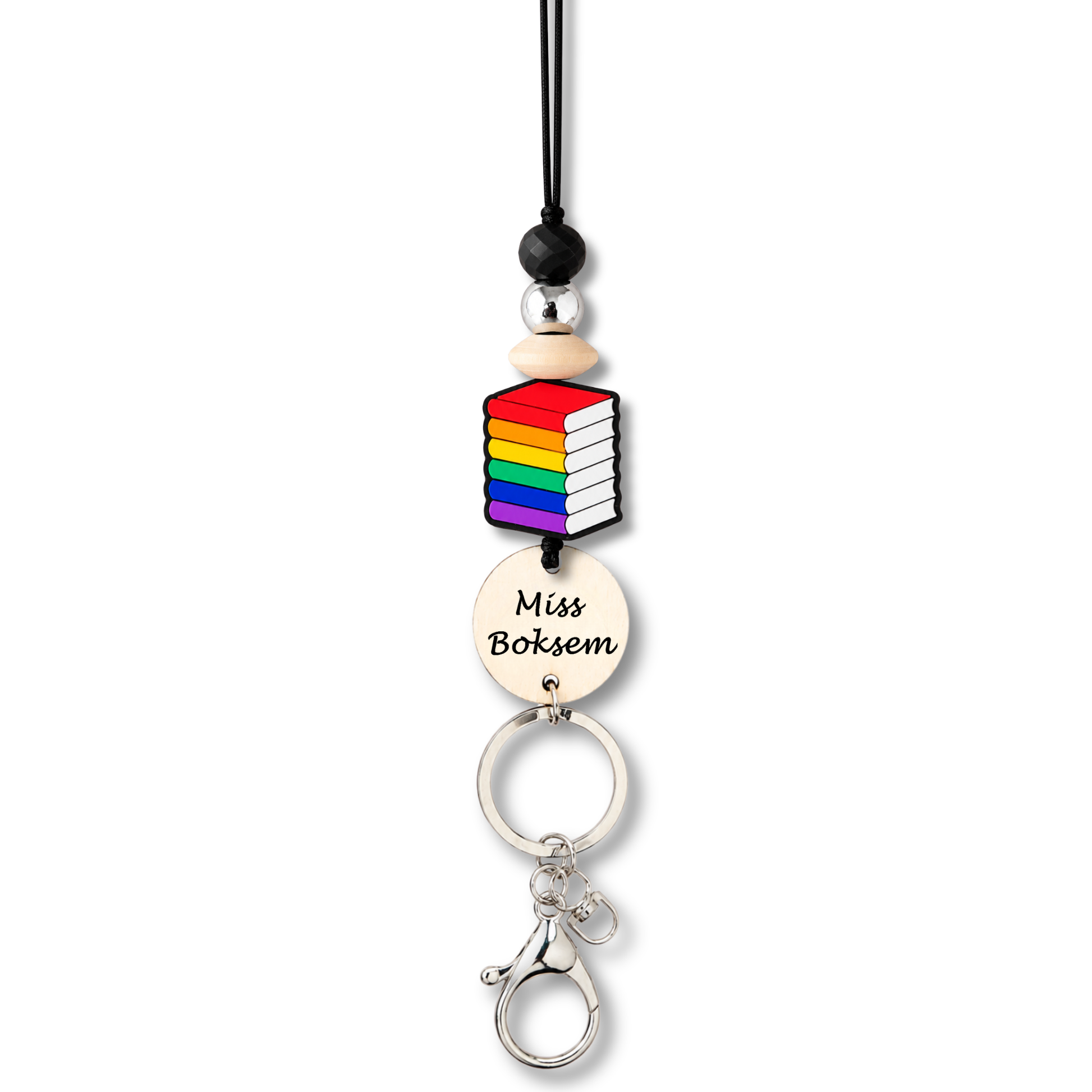 Personalized teacher lanyard with books charm and engraved wooden name tag