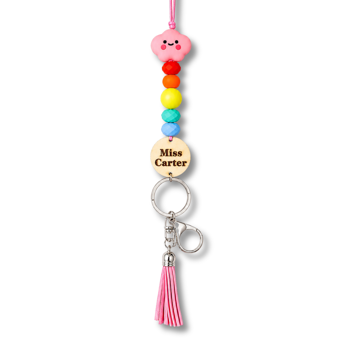 Rainbow Pink Cloud Personalized Name Teacher ID Key Lanyard