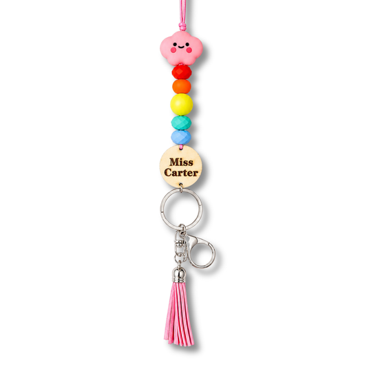 Rainbow Pink Cloud Personalized Name Teacher ID Key Lanyard