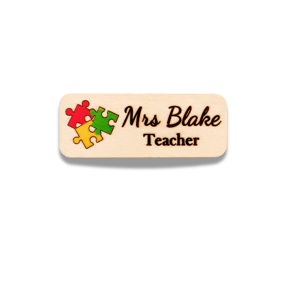 Personalized wooden puzzle-piece teacher name badge with engraved name