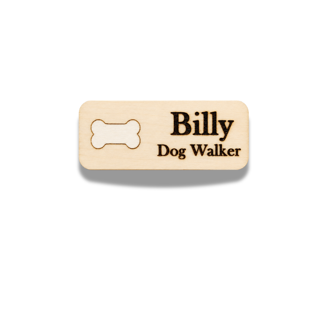 Personalized bone-shaped hand-painted wooden name badge for veterinary clinic staff