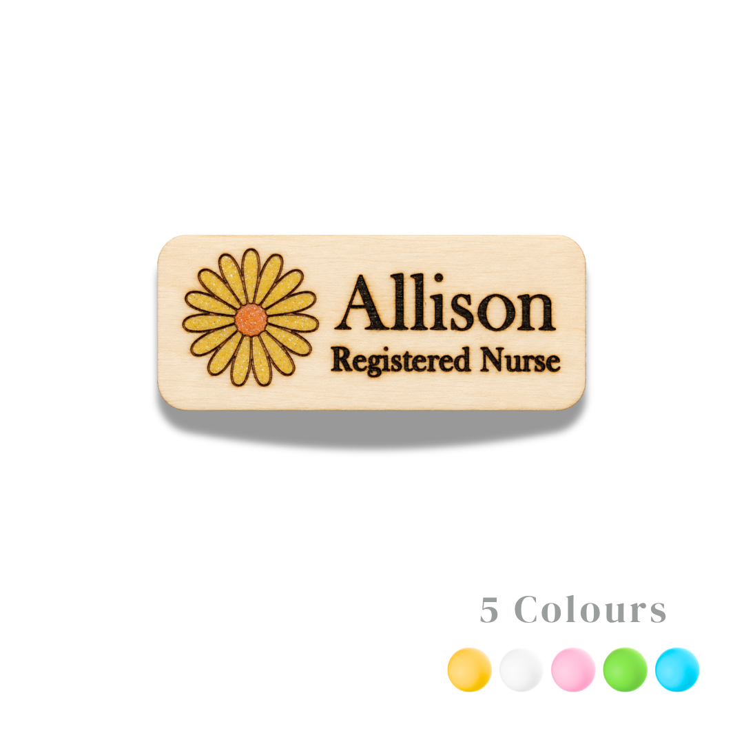 Personalized Daisy Name Badge – Custom Wooden Name Tag for Nurses, Teachers & Staff