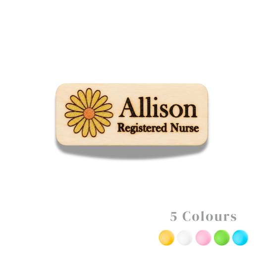 Personalized Daisy Name Badge – Custom Wooden Name Tag for Nurses, Teachers & Staff