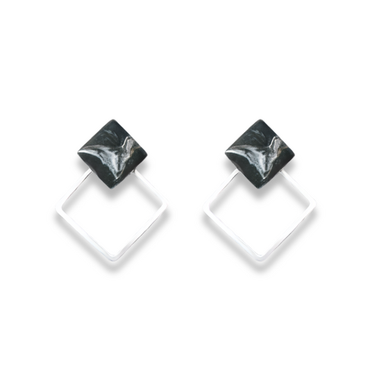Black Marble & Silver Frame Square Minimalist Earrings
