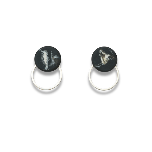 Black Marble & Silver Round Hoop Minimalist Earrings