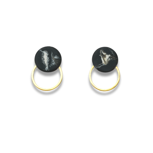 Black Marble & Golden Round Hoop Minimalist Earrings