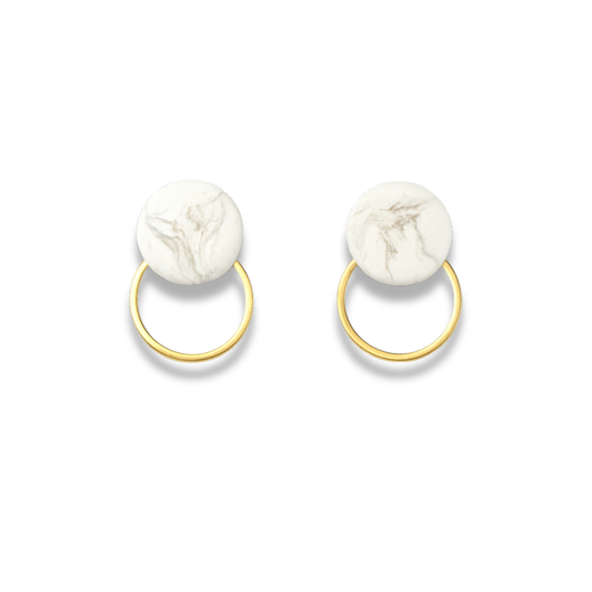 White Marble & Golden Frame Round Hoop Minimalist Earrings