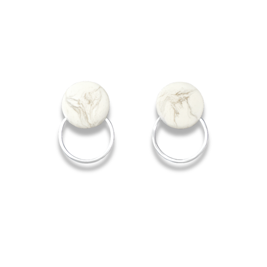 White Marble & Silver Frame Round Hoop Minimalist Earrings