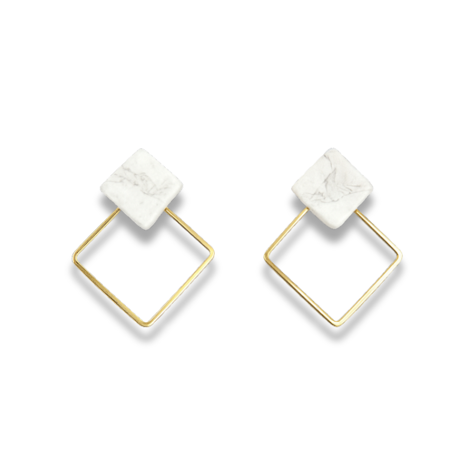 White Marble & Golden Frame Square Minimalist Earrings