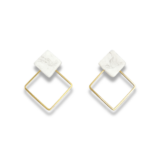 White Marble & Golden Frame Square Minimalist Earrings