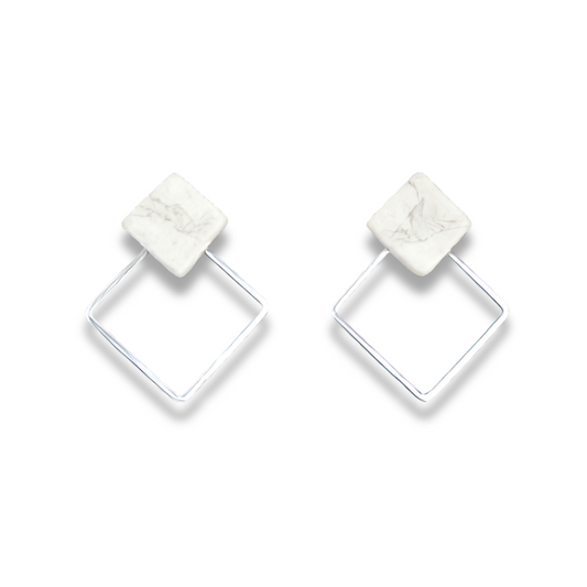 White Marble & Silver Frame Square Minimalist Earrings