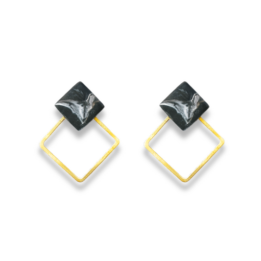 Black Marble & Golden Frame Square Minimalist Earrings