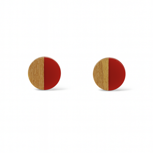 Red Hypoallergenic Wood and Acrylic 2-Tones Earring Studs