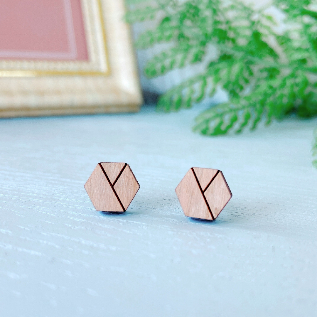 Wooden Geometric Pattern Hexagon Hypoallergenic Earring Studs