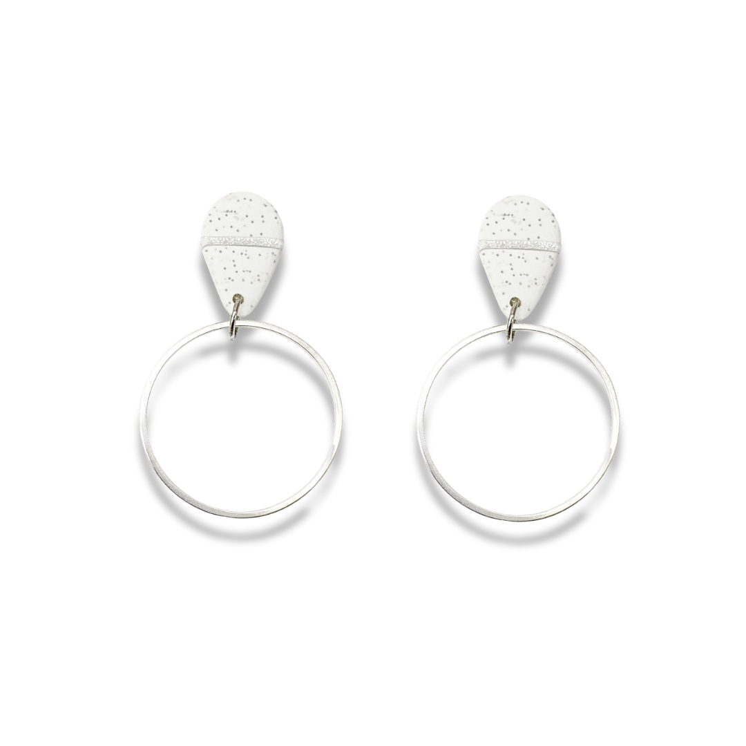White Stone Speckled Teardrop Clay Earrings with Silver Metallic Hoops