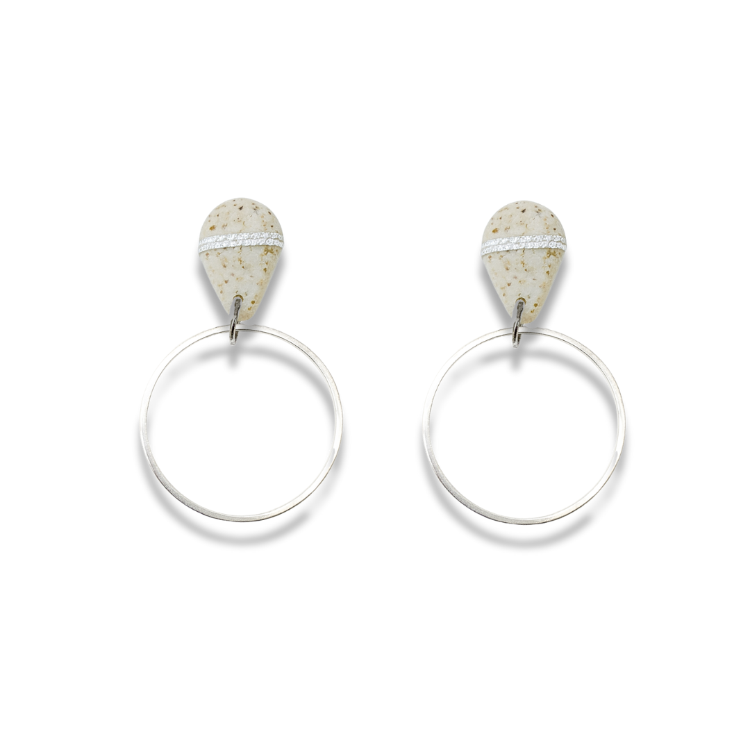 White Stone Speckled Teardrop Clay Earrings with Silver Metallic Hoops