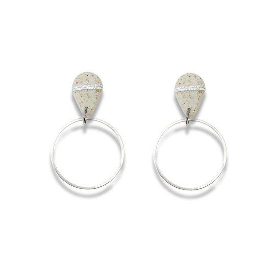 Grey Stone Speckled Teardrop Clay Earrings with Silver Metallic Hoops