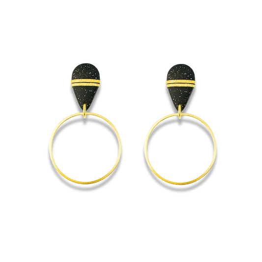 Glitter Black Speckled Teardrop Clay Earrings with Golden Metallic Hoops