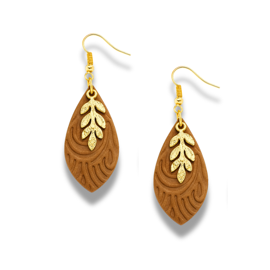 Sand Beige Gold Leaf Embossed Polymer Clay Earrings