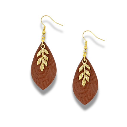 Terracotta Brown Gold Leaf Embossed Polymer Clay Earrings