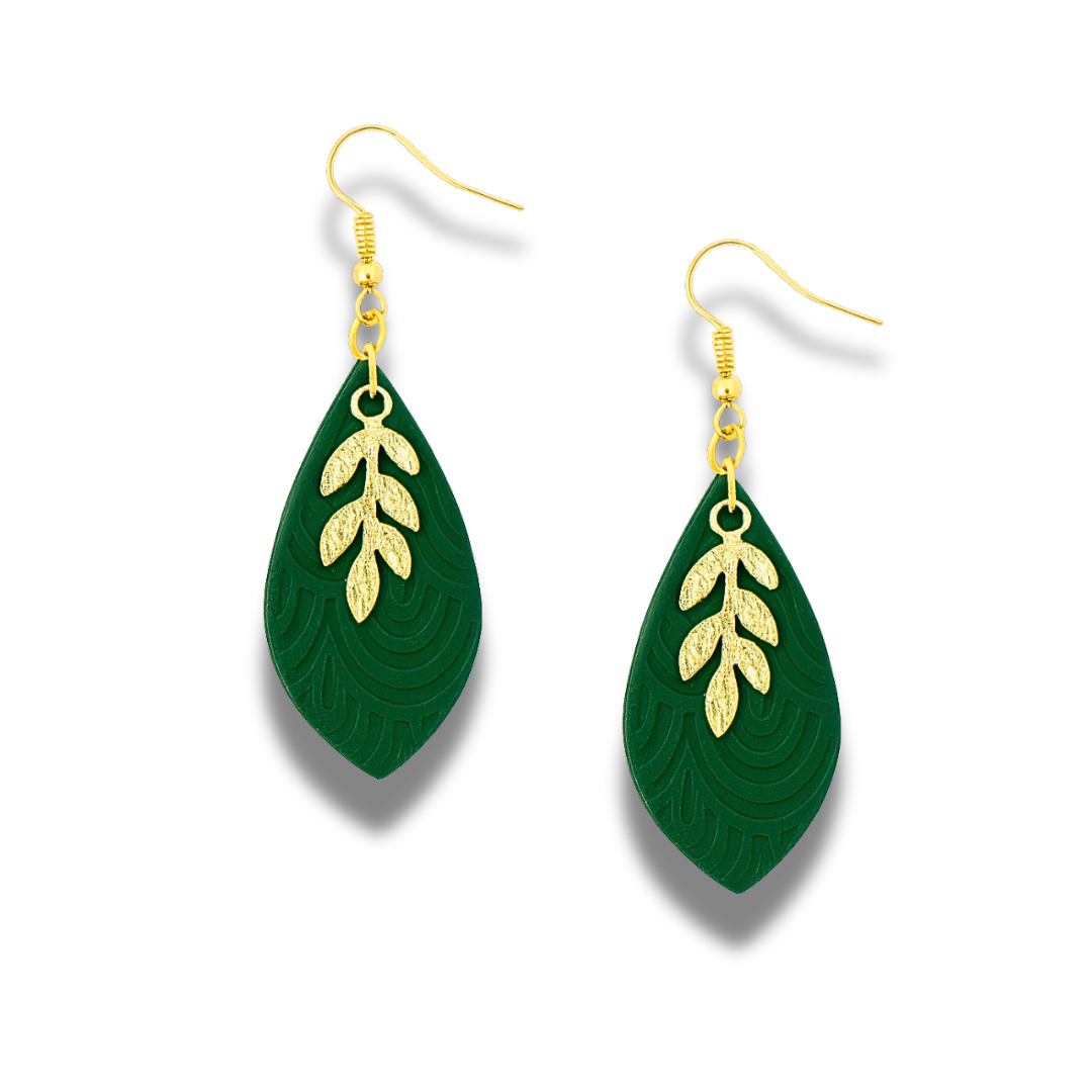 Emerald Green Gold Leaf Embossed Polymer Clay Earrings